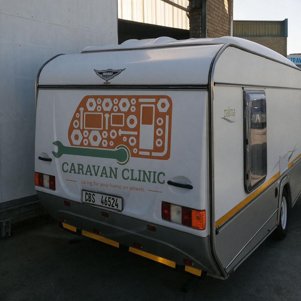 Caravan Clinic branded caravan, rear view, ready for the road