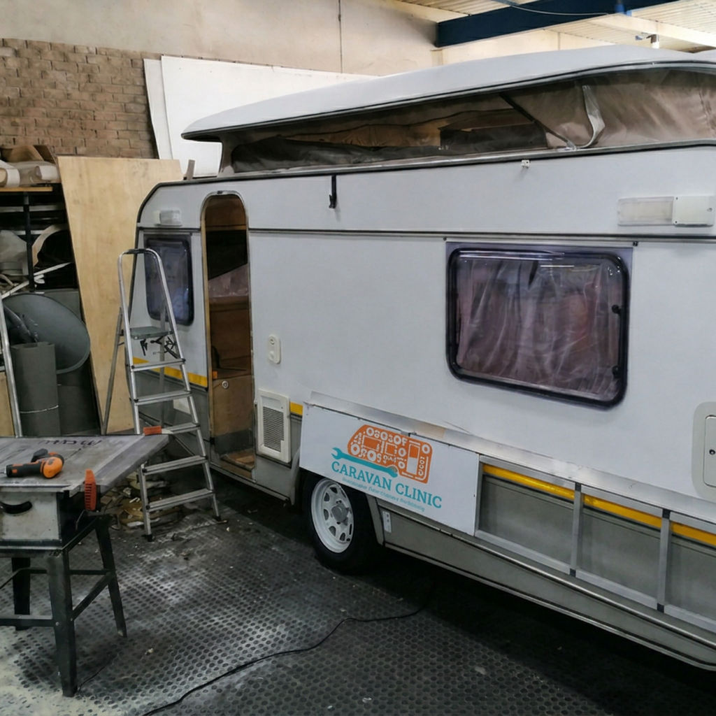 A caravan being restored in the Caravan Clinic workshop